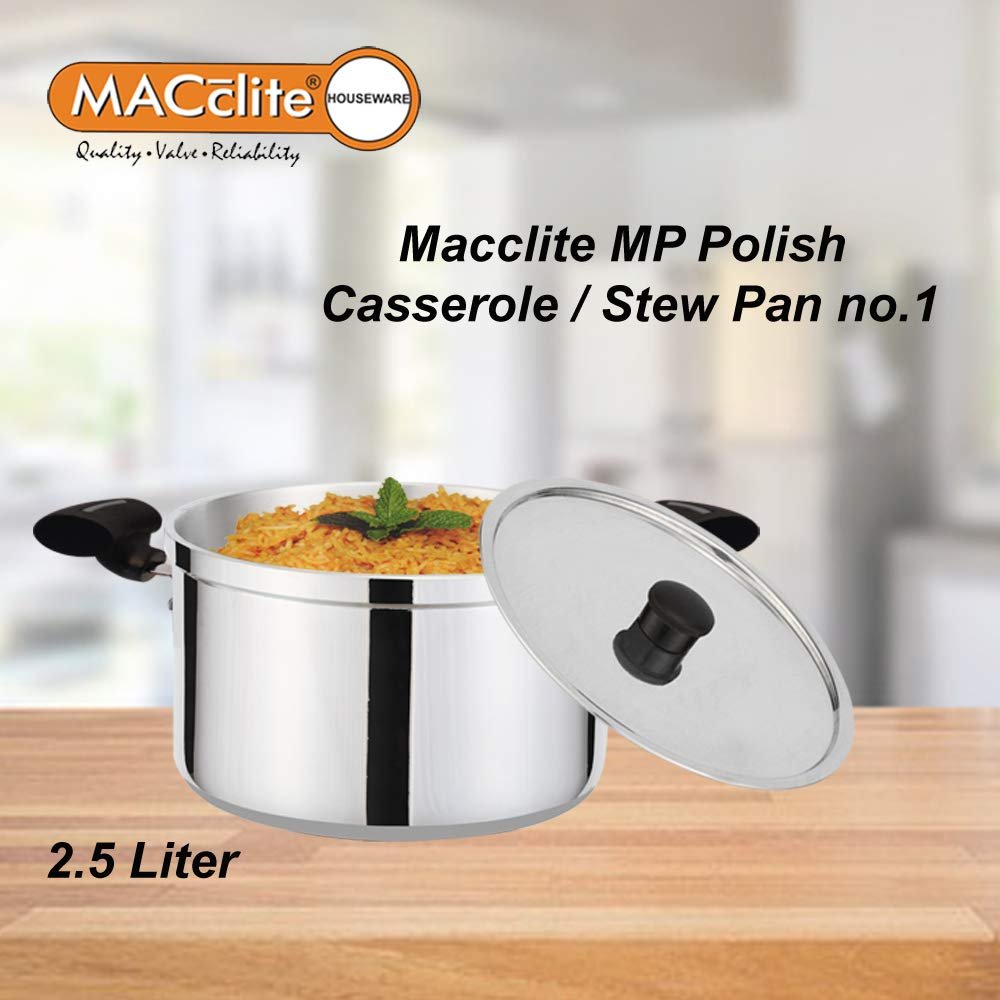 MACclite Aluminium Polish Casserole/Dutch Oven/Curry Pot/Gravy Pot/Stew Pan/Biryani Pot No. 1, 2.5 L 20cm Diameter with Lid, White Color, LPG Stove Compatible Only