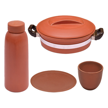 Combo Offer – Cherry Cup Set (100 Ml., 6 Pieces), Clay Water Bottle (300ml.), Handi with Handle (2 Lit.) & 9″ Simple Tawa