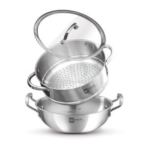 Bergner BE Bergner Essentials Tri-Ply Stainless Steel 3 Pcs Cookware Set of Kadai and Steamer with Flat Glass Lid, Kadhai and Steamer Set, Induction, Silver, 5-Year Warranty by Bergner