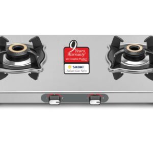 Sujata Majestic 2 Burner Stainless Steel Gas Stove – SABAF Italian Valve, 5G Forged Brass Burners, Manual Ignition, ISI Certified, LPG & PNG Compatible, 9 Years Warranty