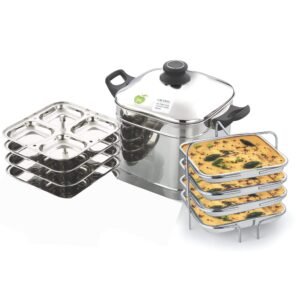 JVL Square Idly and Dhokla Maker 4 Plates Stainless Steel Steamer Set with Tri-Ply Base