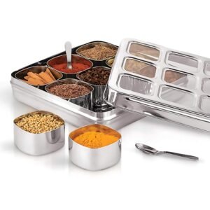 Kitchen Mart Premium 9-In-1 Square Masala Box | Stainless Steel Spice Organizer
