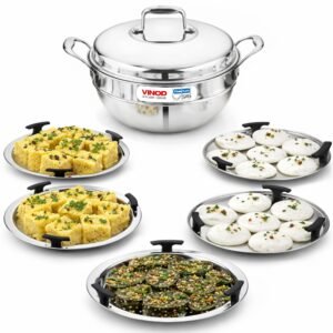 Vinod Platinum Triply Stainless Steel Multi Kadai & Idli Maker – 4 L, 26 cm, 5 Plates
