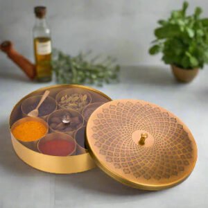 Pipal Rasoi Antique Brass Masala Dabba - Traditional Spice Box with 7 Compartments